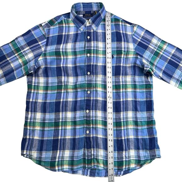 Polo Ralph Lauren Linen Shirt XL Blue Green Plaid Classic Preppy Beach Preppy - Picture 10 of 11